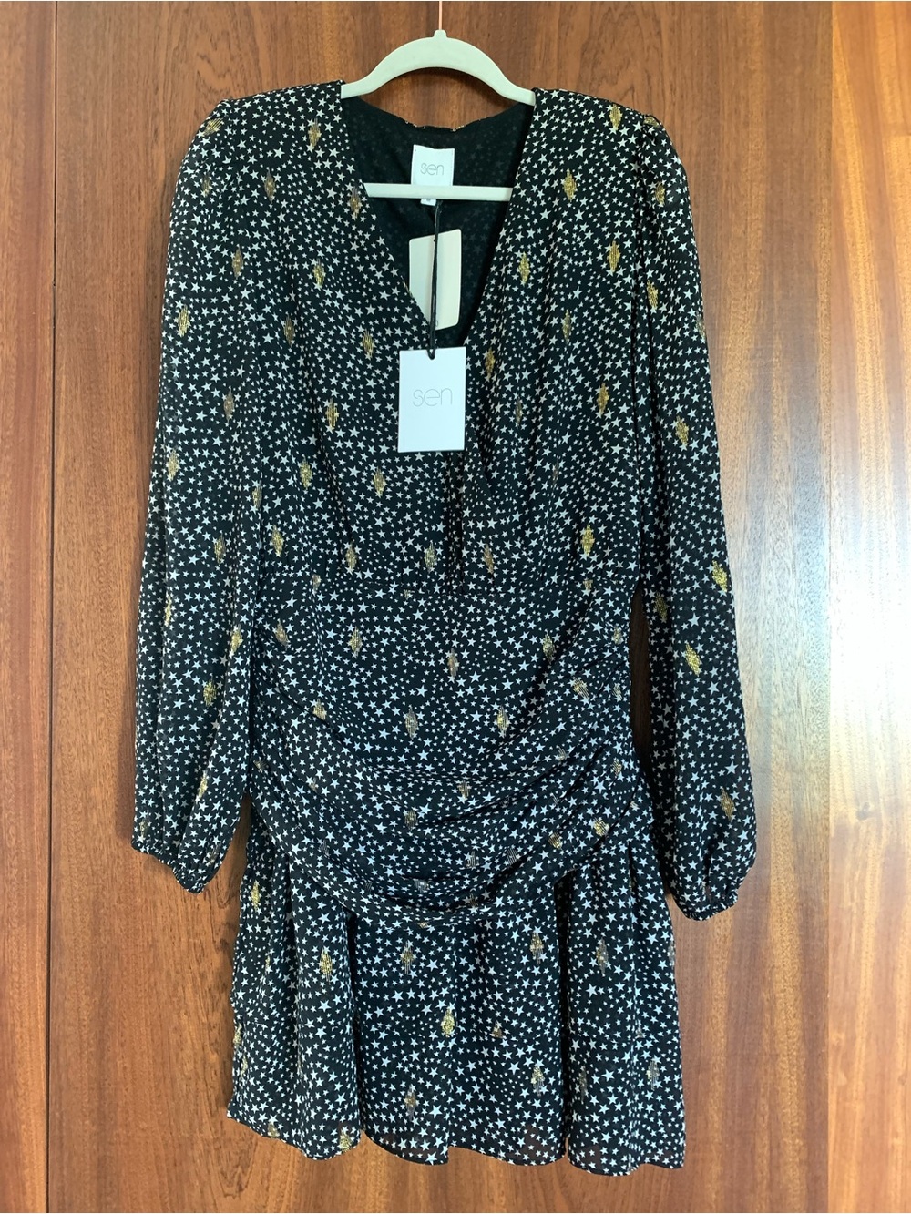 Sen Black Star-Print Long-Sleeve Mini Dress with Gold Accents
